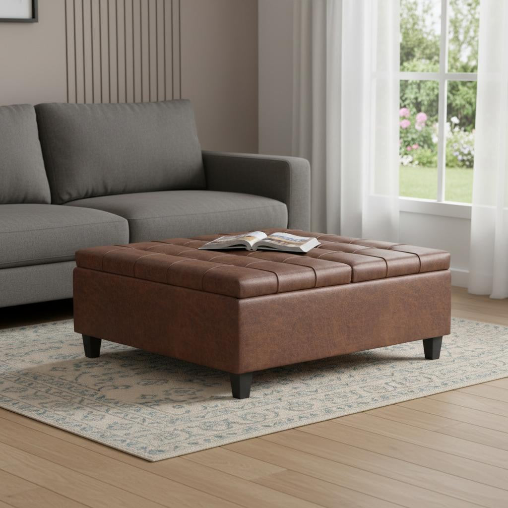 40" Brown Faux Leather Tufted Ottoman With Storage