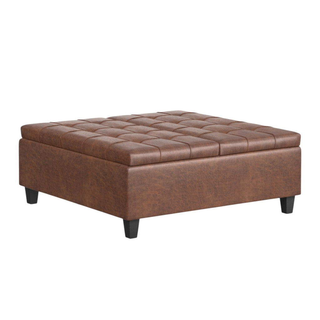 40" Brown Faux Leather Tufted Ottoman With Storage