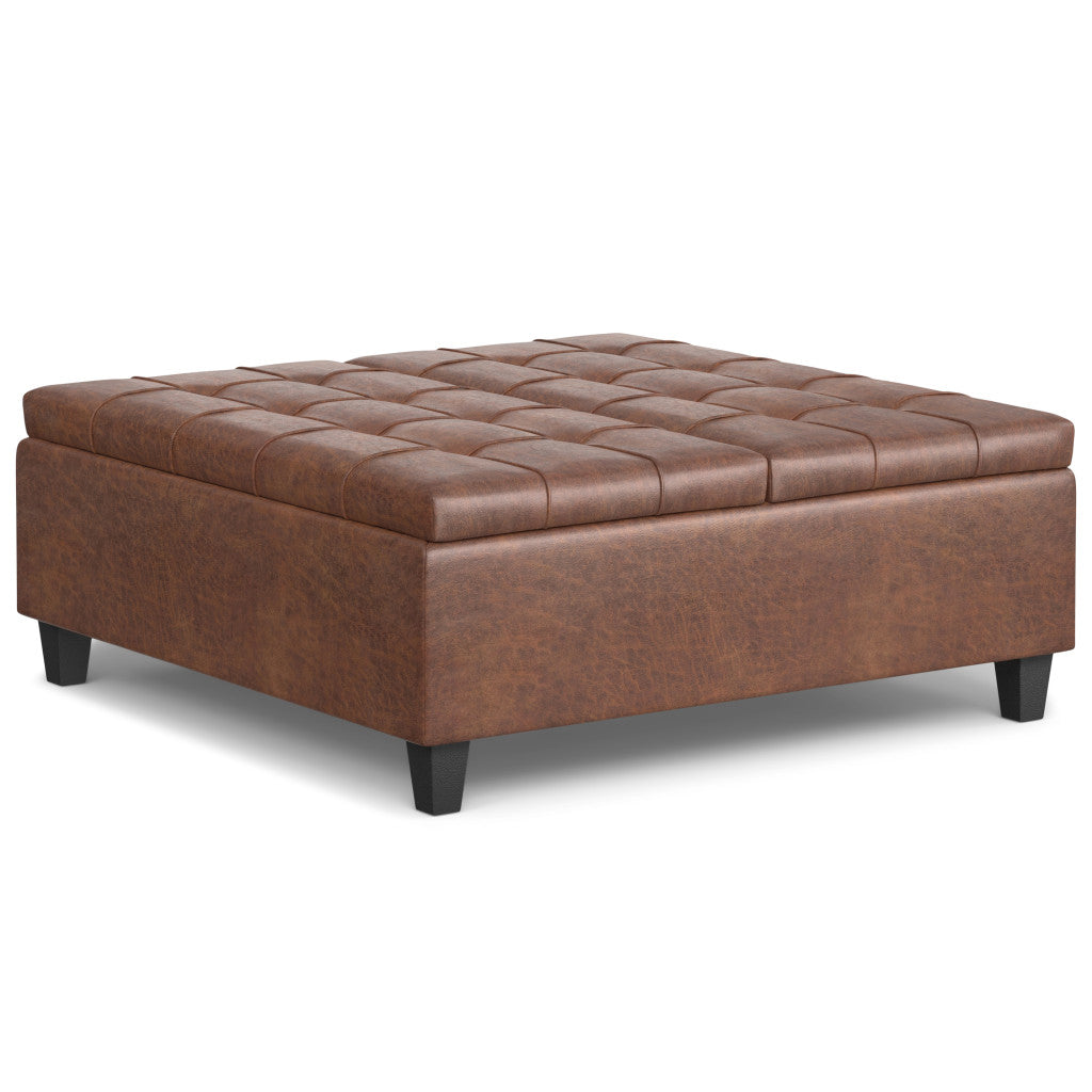 40" Brown Faux Leather Tufted Ottoman With Storage