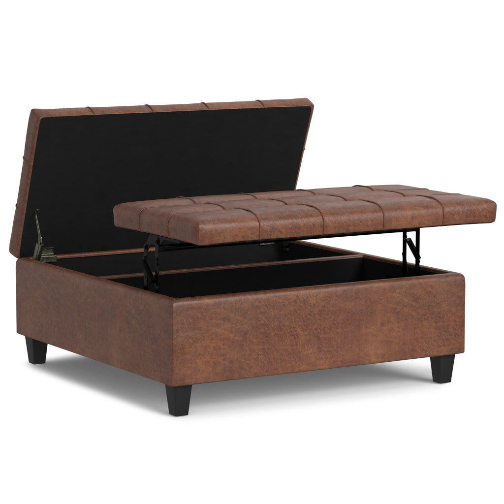40" Brown Faux Leather Tufted Ottoman With Storage