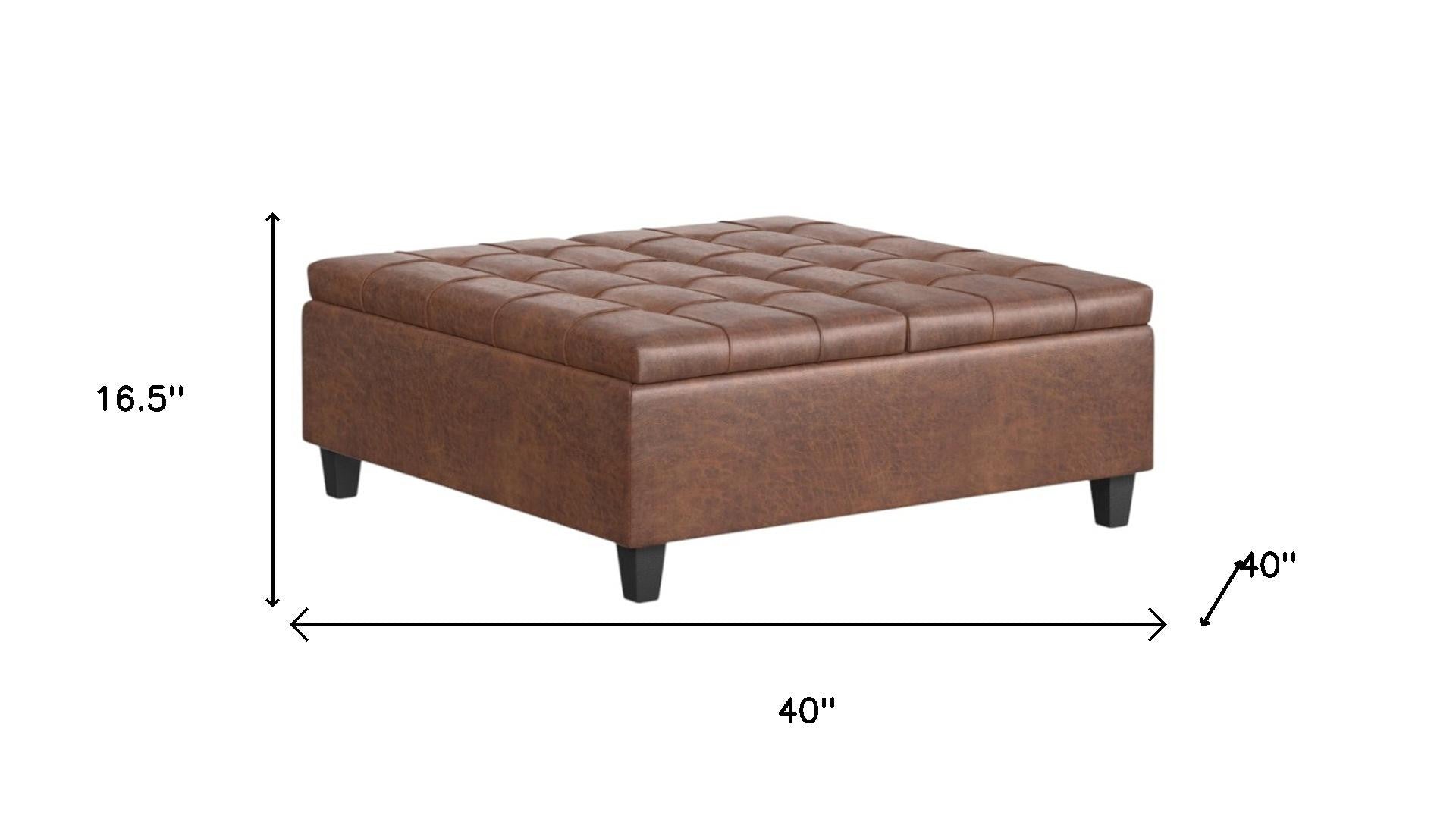 40" Brown Faux Leather Tufted Ottoman With Storage