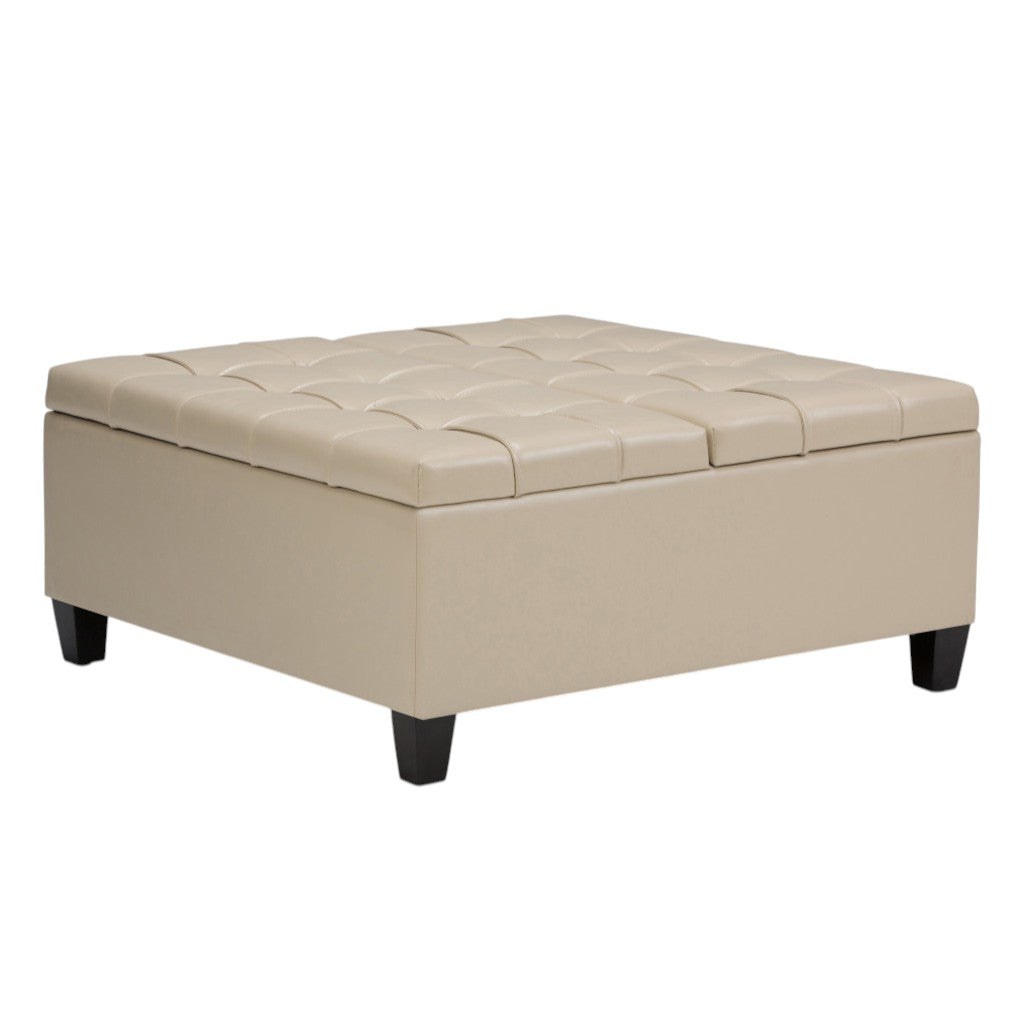 36" Cream And Espresso Faux Leather Tufted Ottoman With Storage
