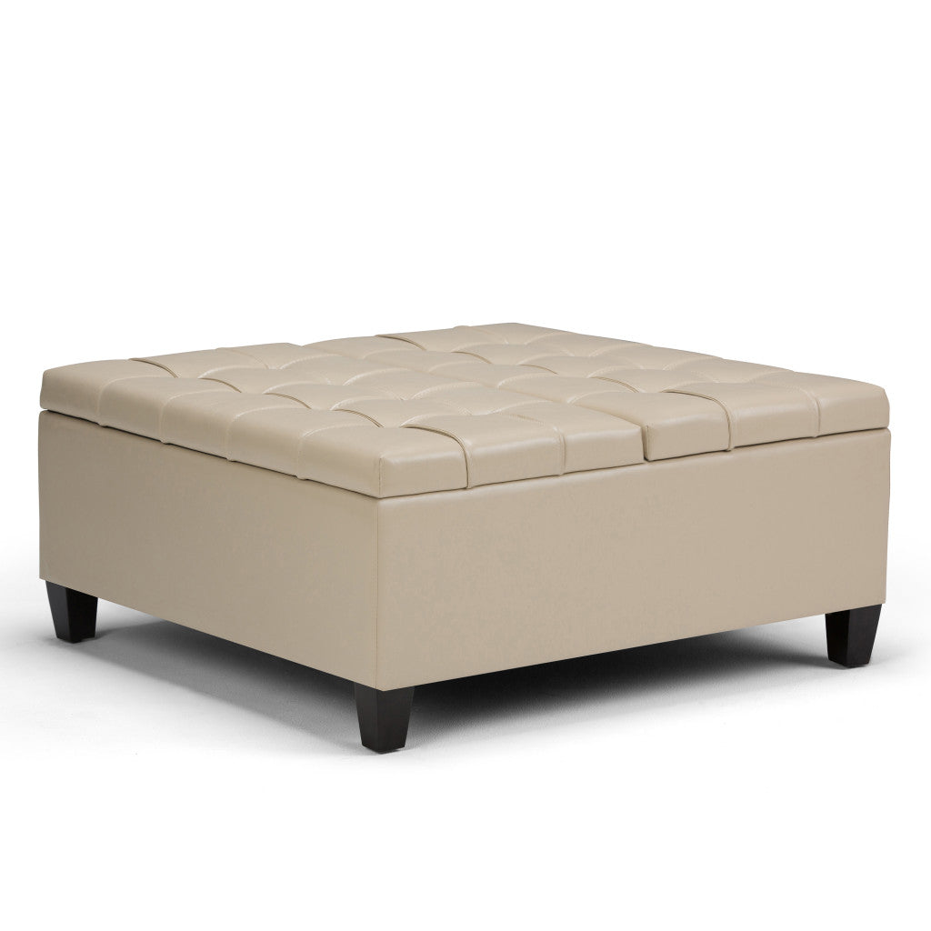 36" Cream And Espresso Faux Leather Tufted Ottoman With Storage