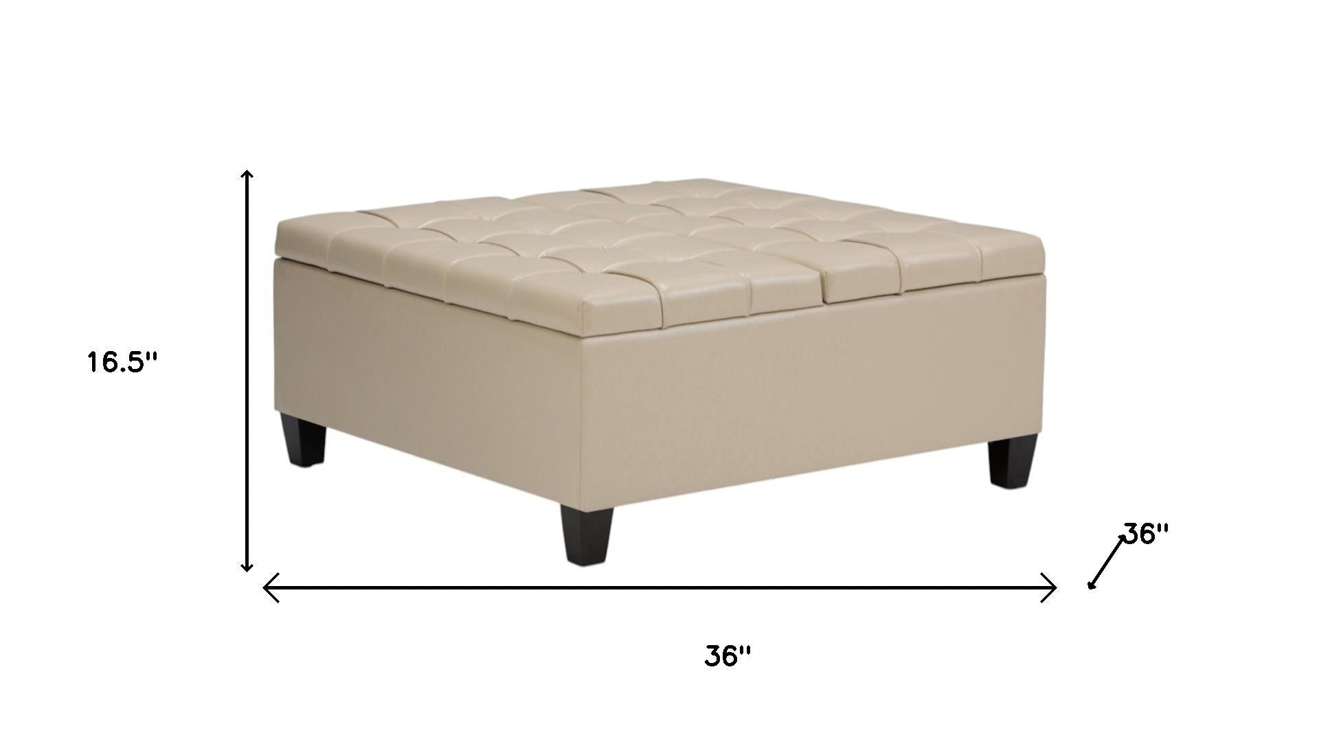 36" Cream And Espresso Faux Leather Tufted Ottoman With Storage
