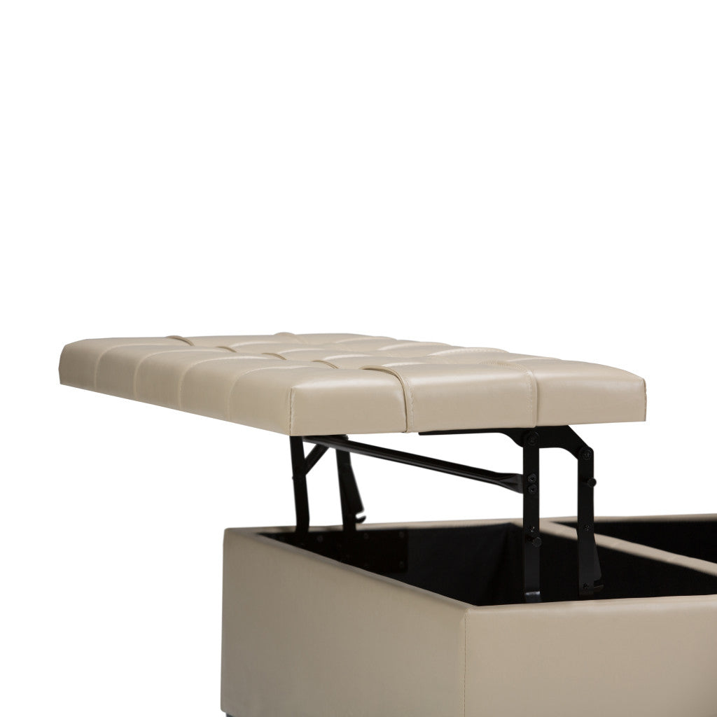 36" Cream And Espresso Faux Leather Tufted Ottoman With Storage