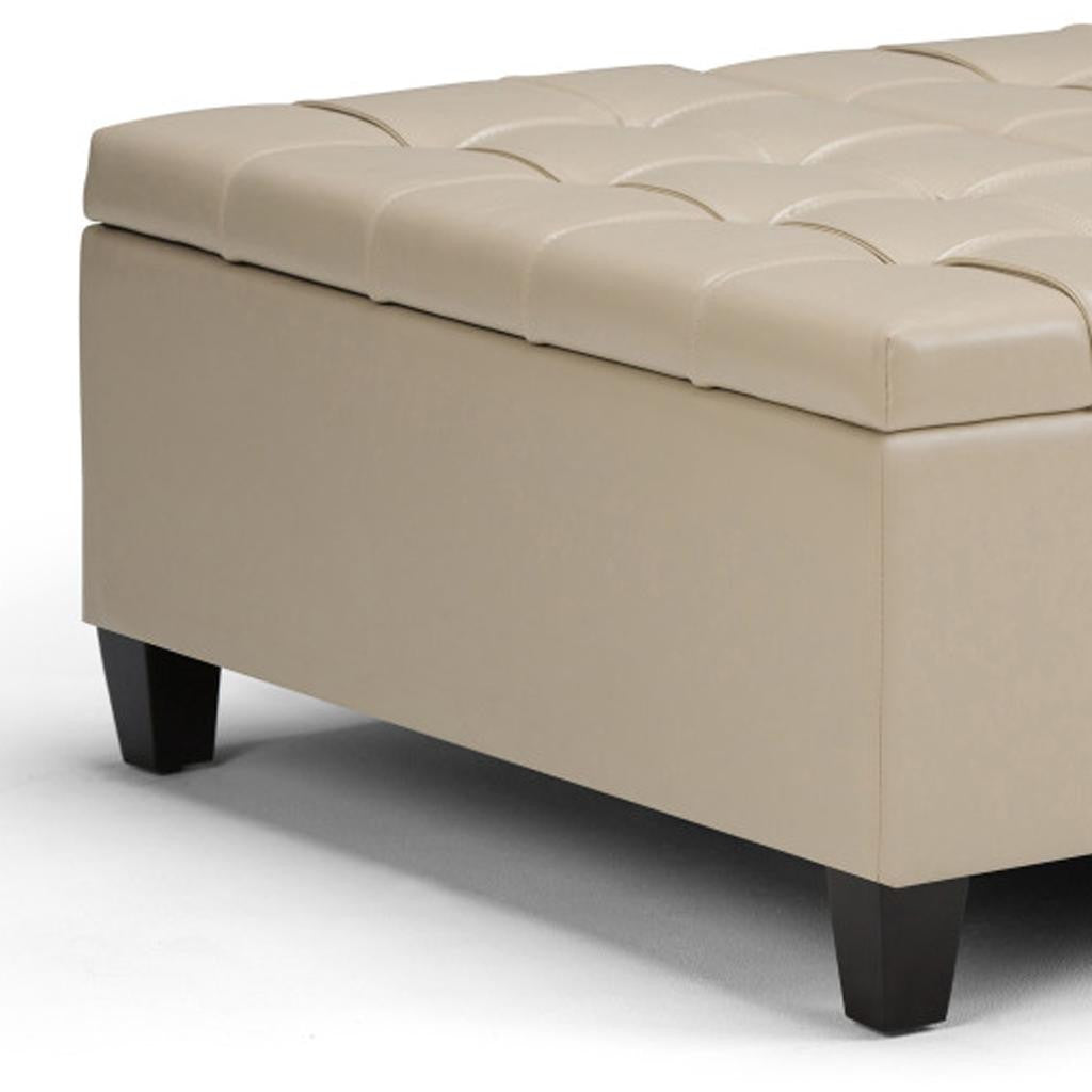 36" Cream And Espresso Faux Leather Tufted Ottoman With Storage