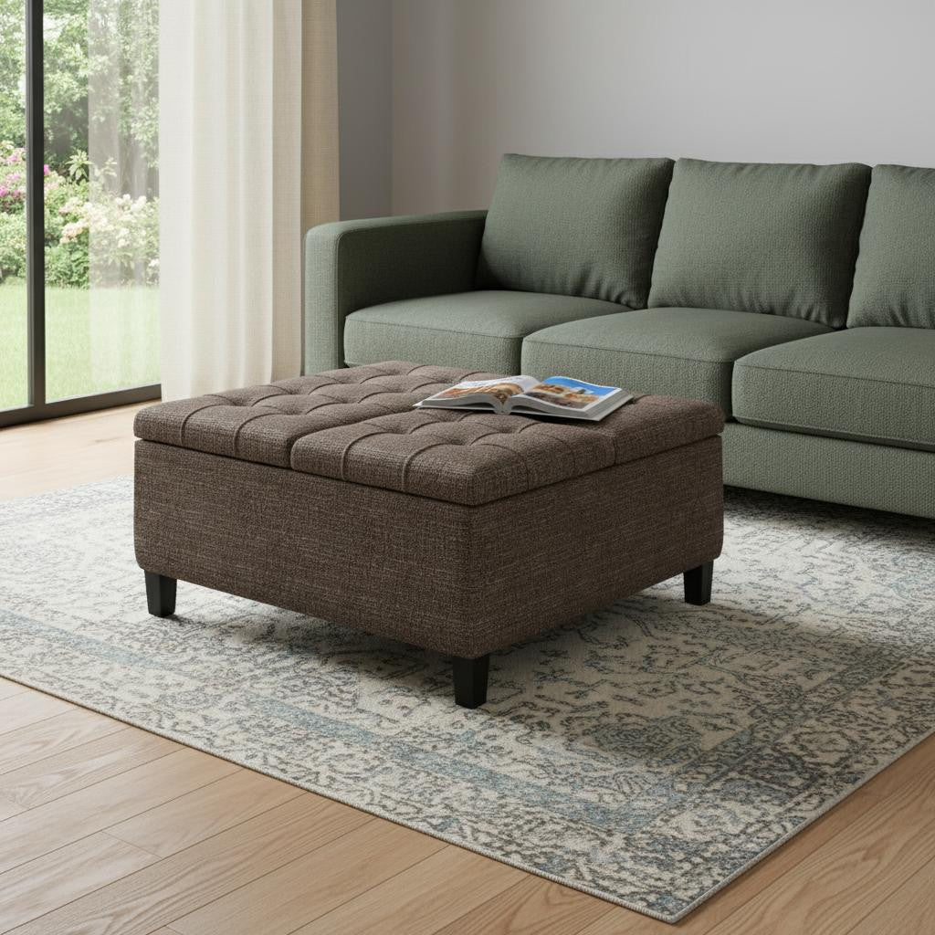 36" Brown And Dark Brown Upholstery Tufted Ottoman With Storage