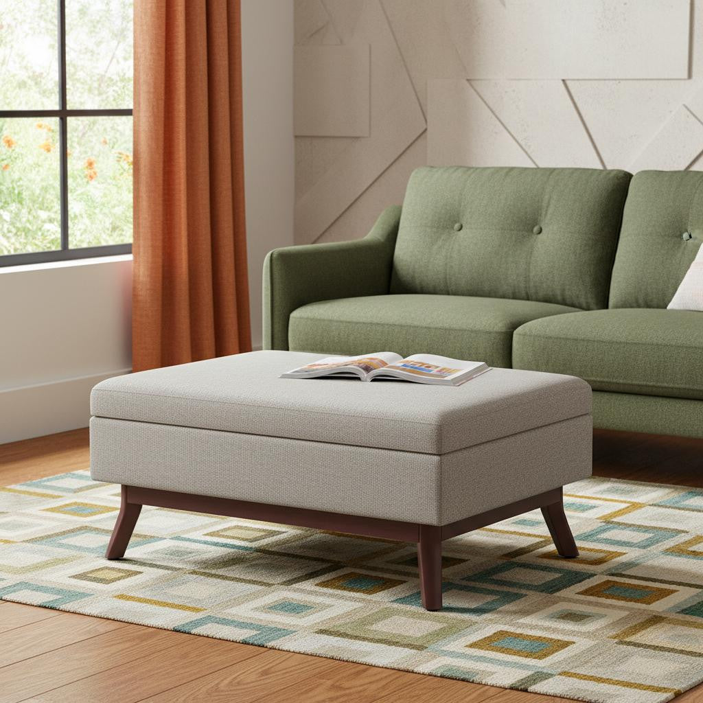 34" Cloud And Brown Upholstery Ottoman With Storage