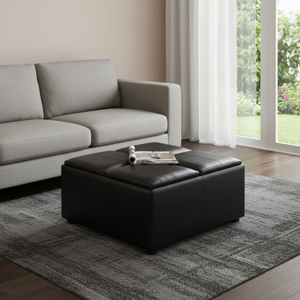 35" Midnight And Dark Brown Faux Leather Ottoman With Storage
