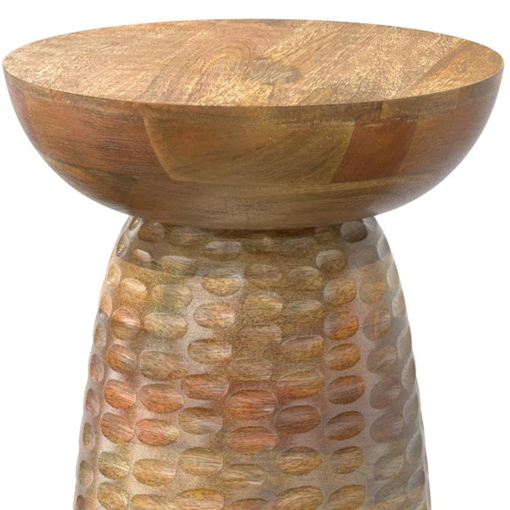 18" Brown Distressed Solid Wood Round Pedestal End Table