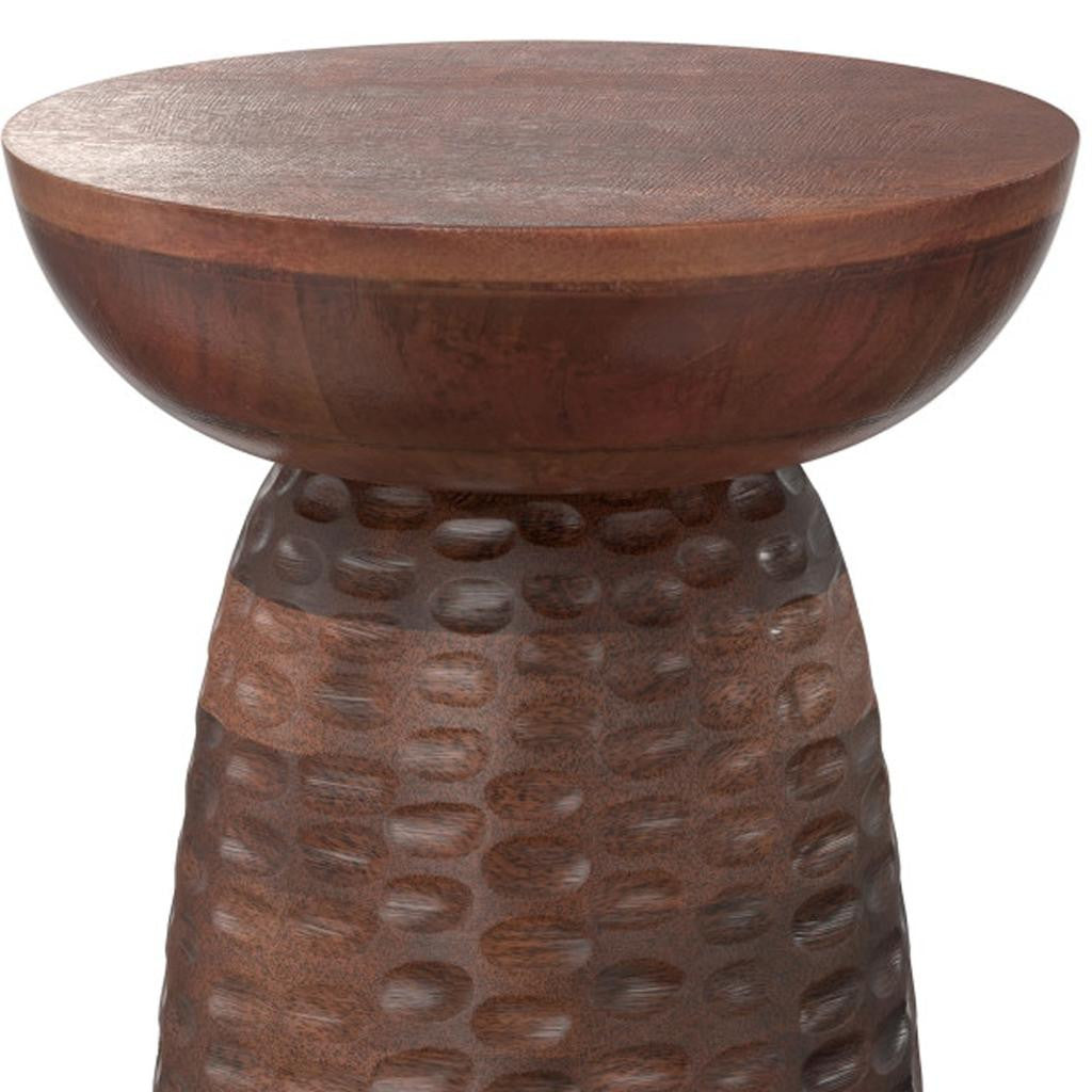 18" Dark Brown Distressed Solid Wood Round Drum End Table