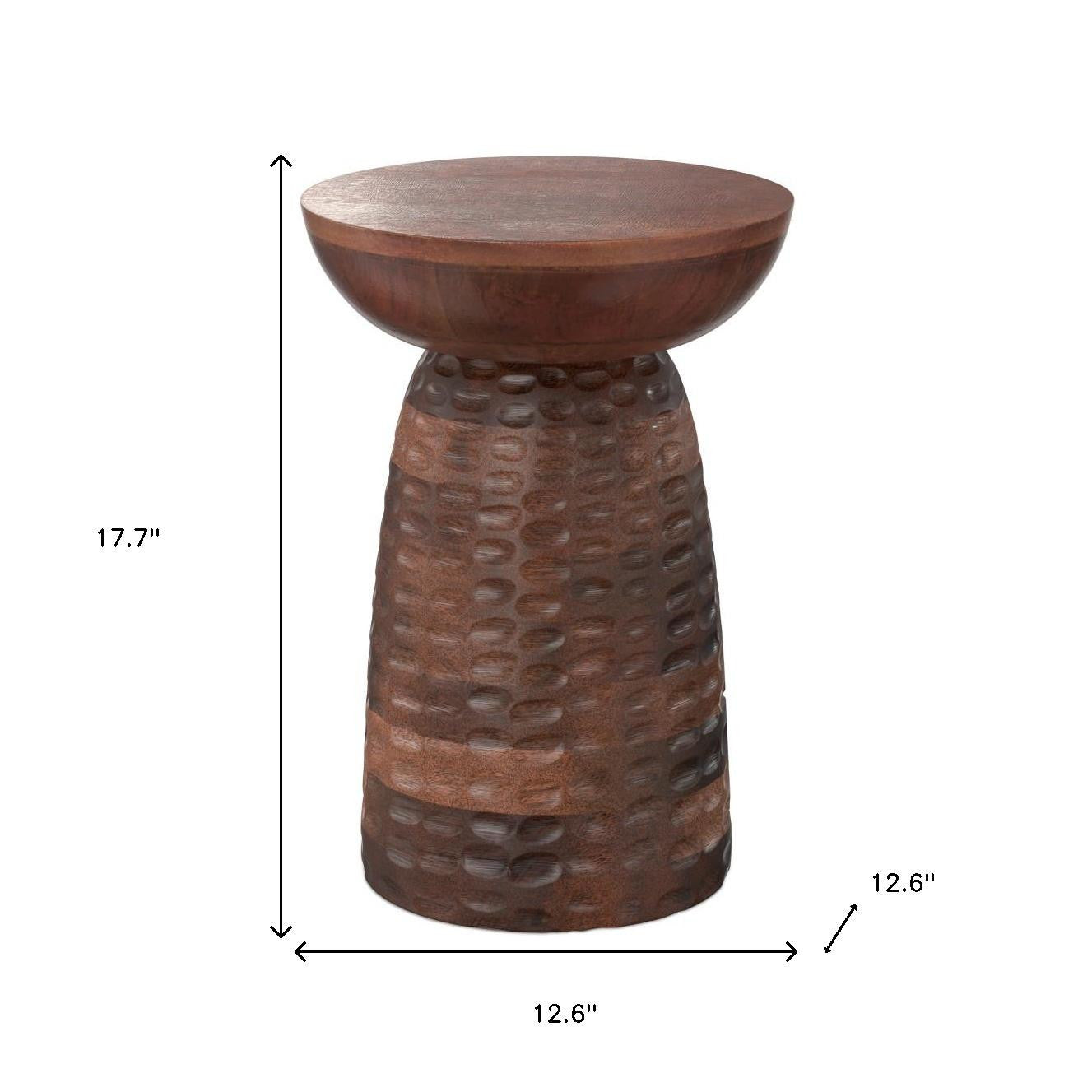 18" Dark Brown Distressed Solid Wood Round Drum End Table