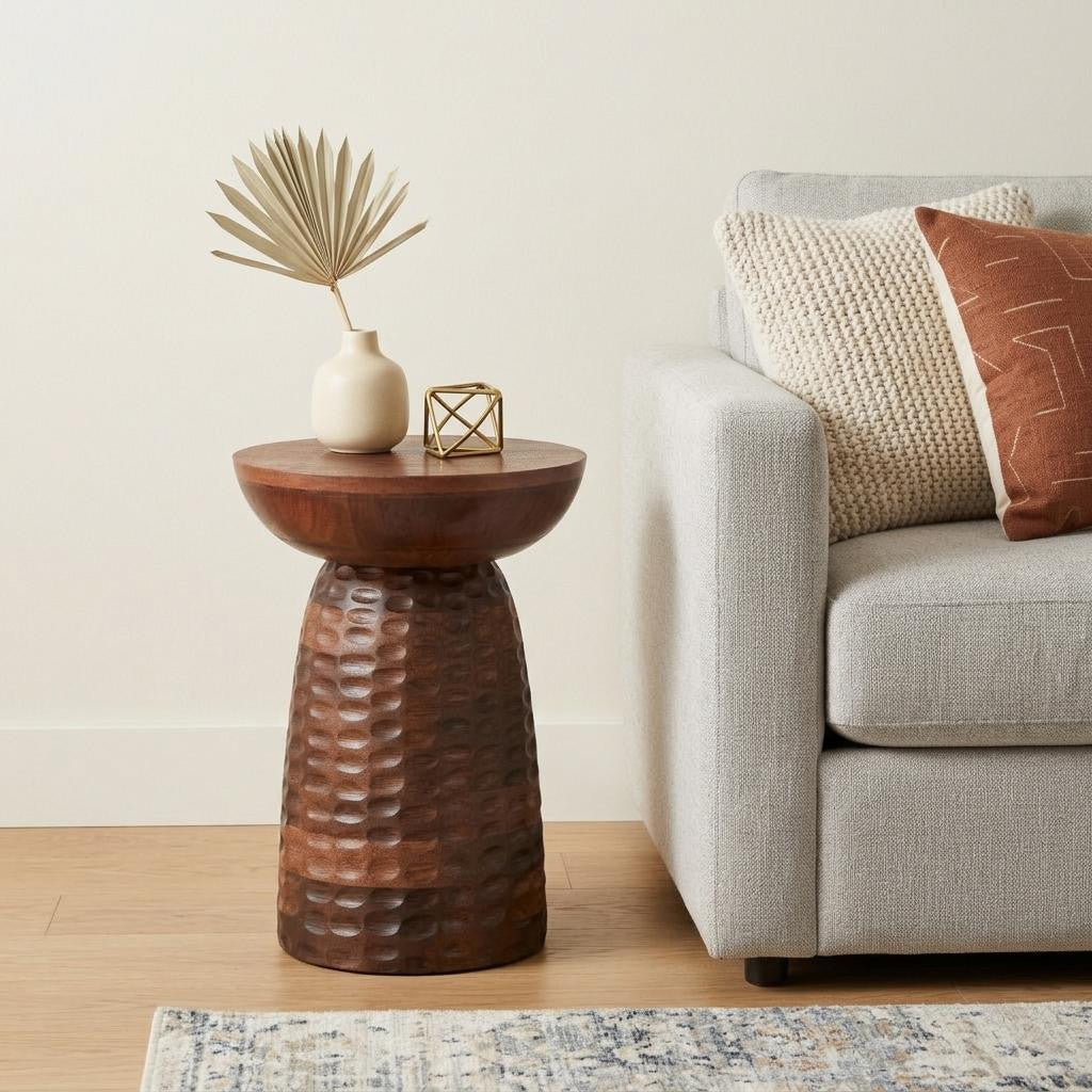 18" Dark Brown Distressed Solid Wood Round Drum End Table