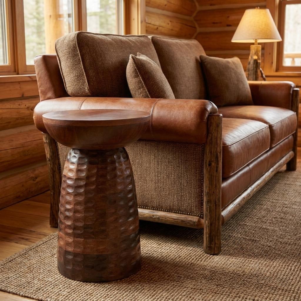 18" Dark Brown Distressed Solid Wood Round Drum End Table