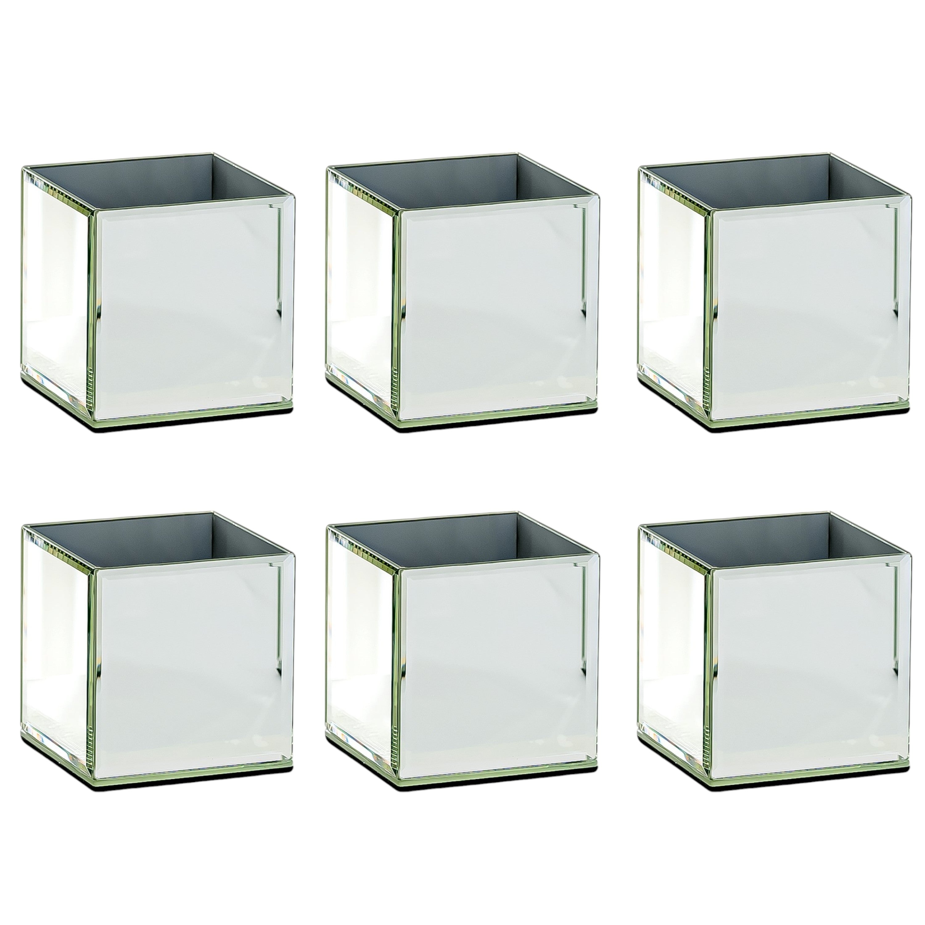 Set of Six Silver Mirrored Glass Square Table Vases