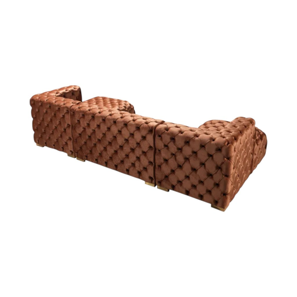 Tufted Orange Velvet Modular U Shaped Sofa and Chaise Sectional With Toss Pillows
