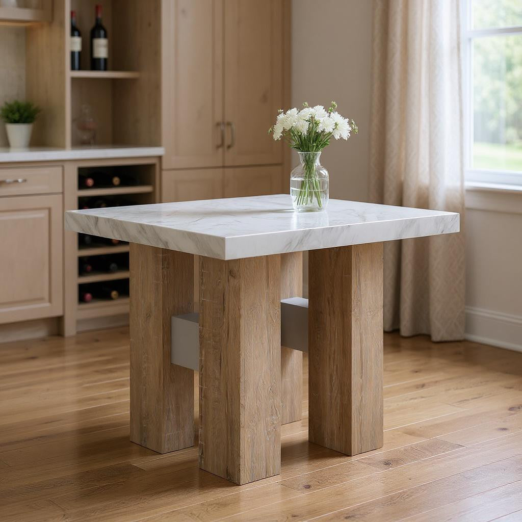 48" White and Natural Wood And Faux Marble Square Counter Height Bar Table