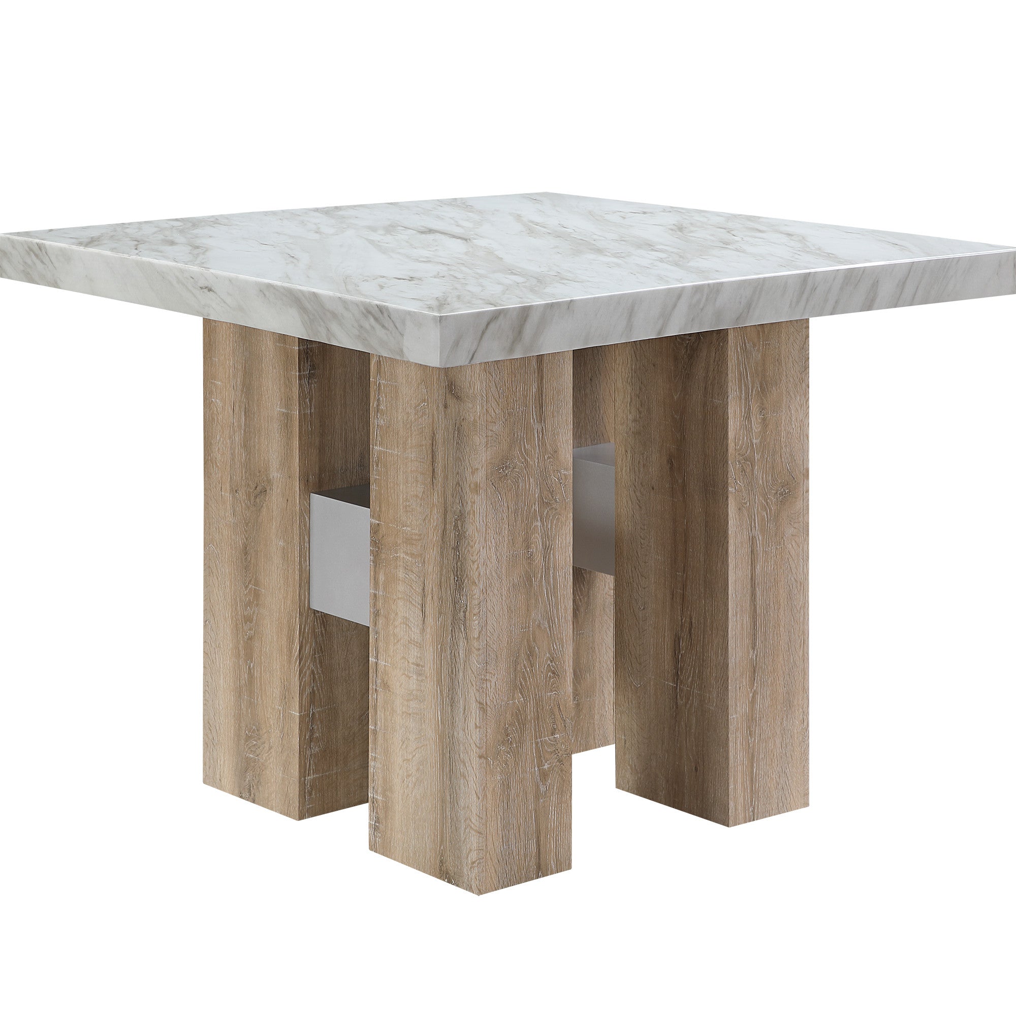 48" White and Natural Wood And Faux Marble Square Counter Height Bar Table