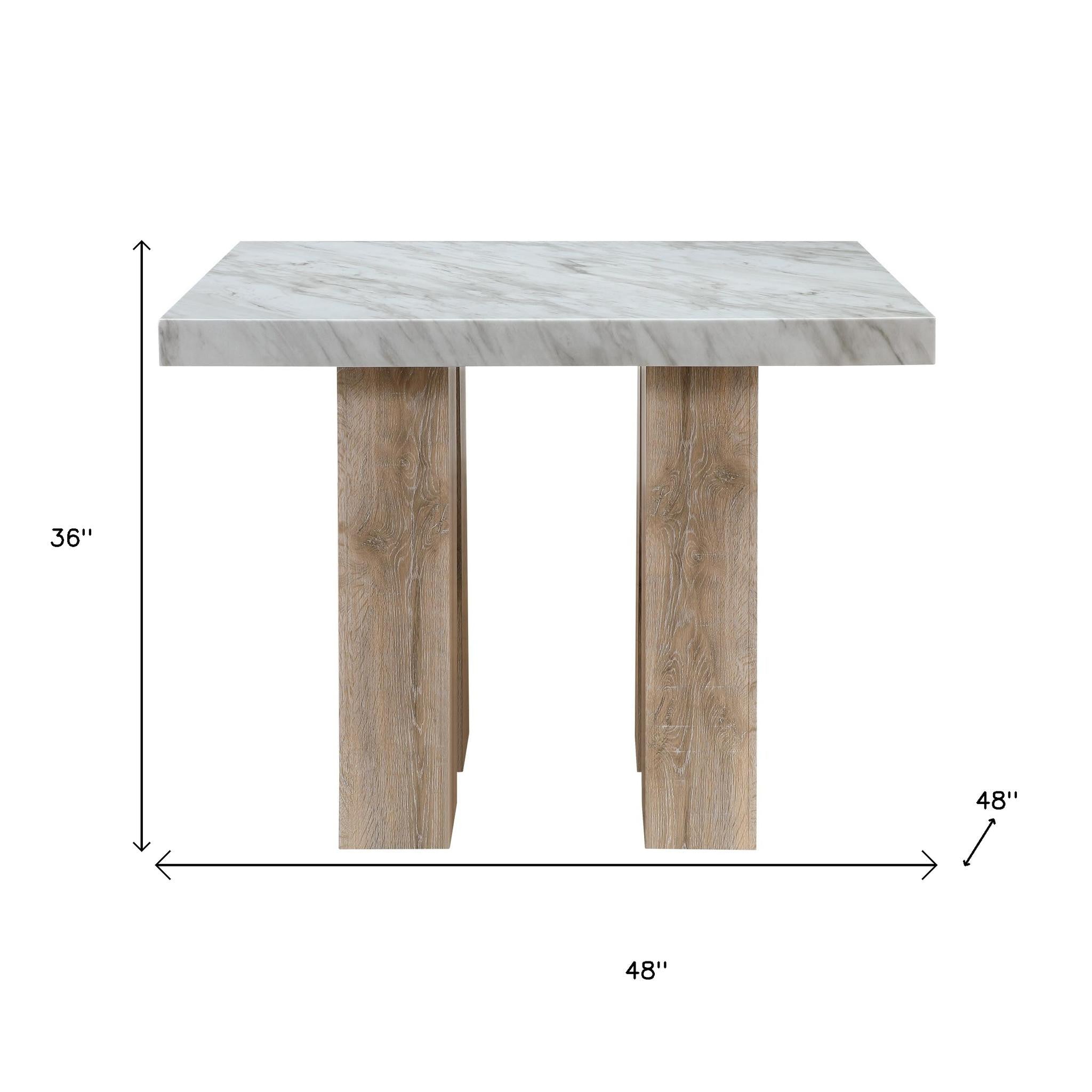 48" White and Natural Wood And Faux Marble Square Counter Height Bar Table