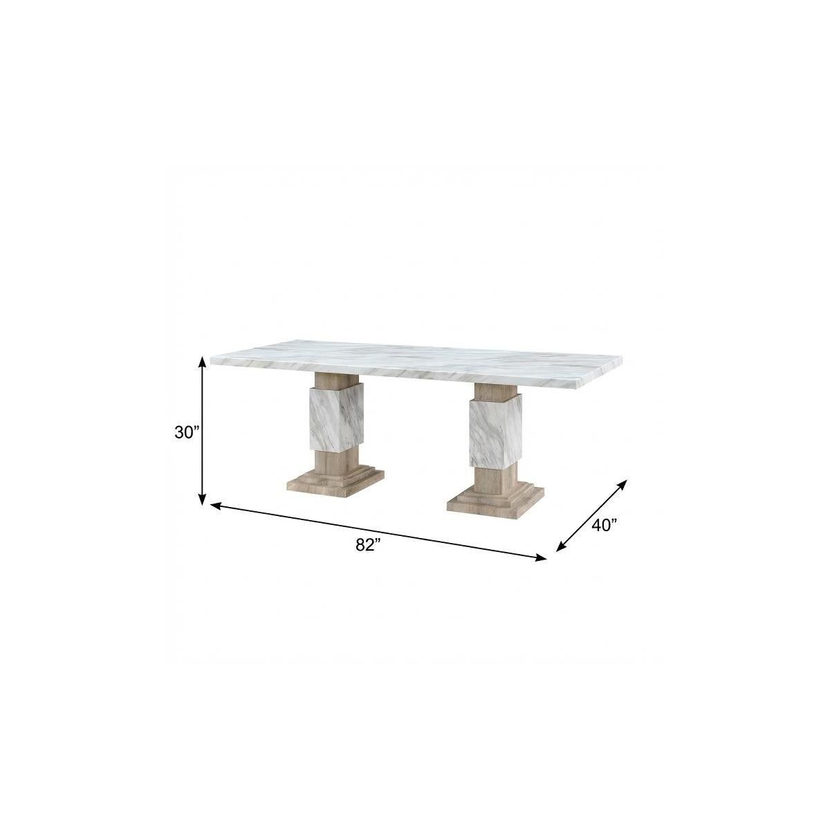 82" White and Natural Faux Marble and Wood Double Pedestal Base Dining Table