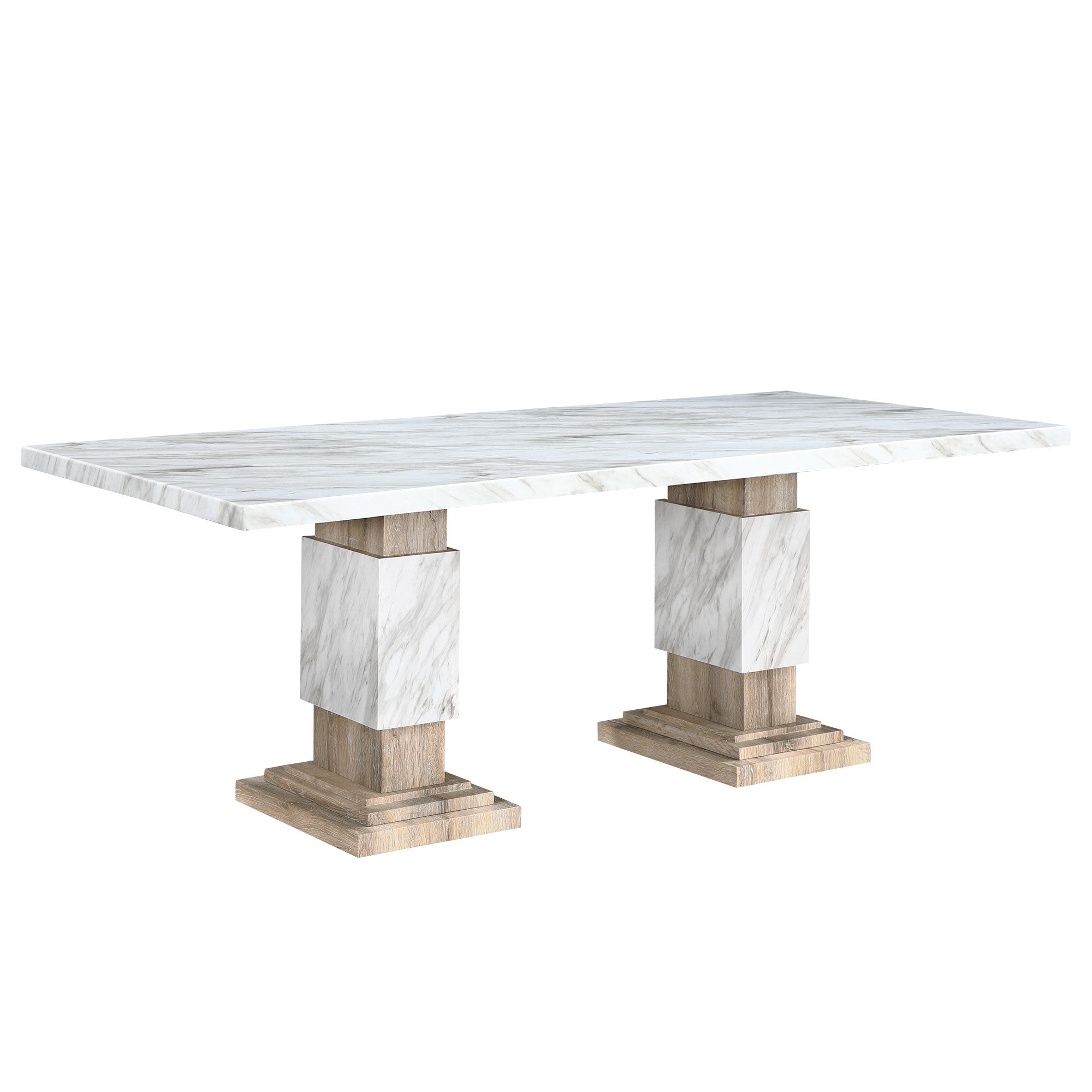 82" White and Natural Faux Marble and Wood Double Pedestal Base Dining Table