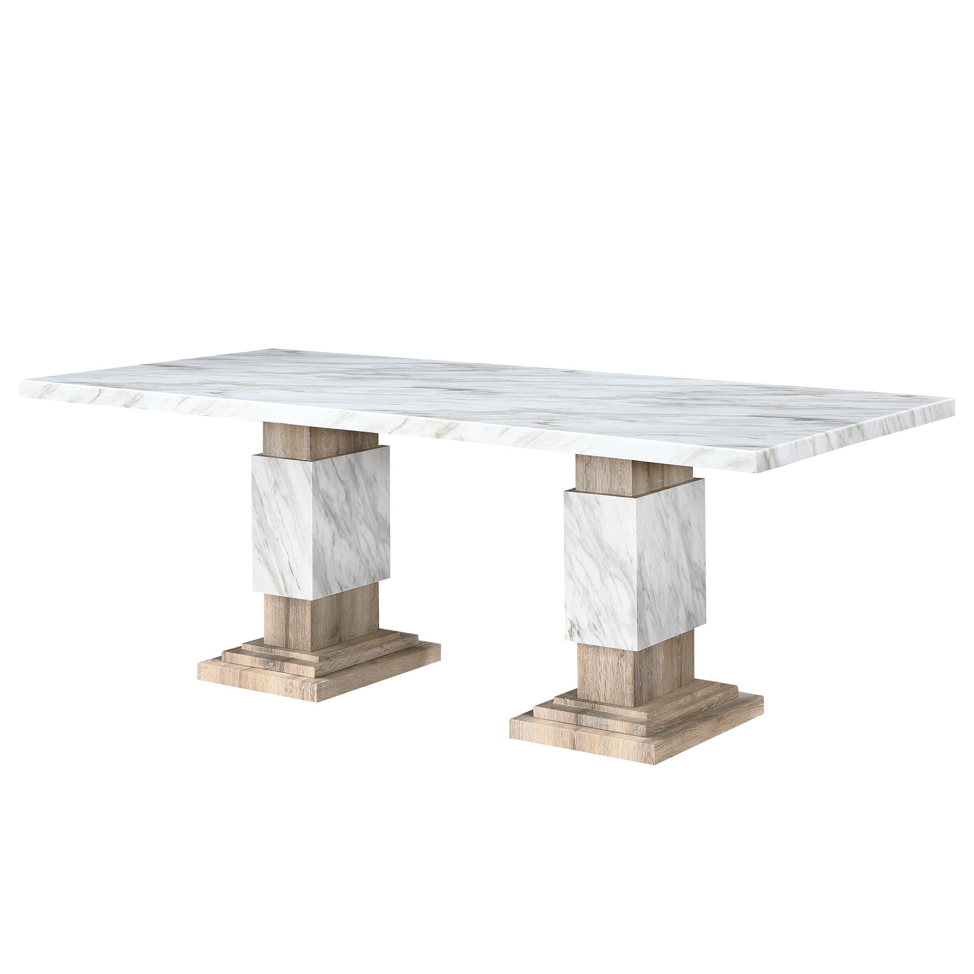 82" White and Natural Faux Marble and Wood Double Pedestal Base Dining Table