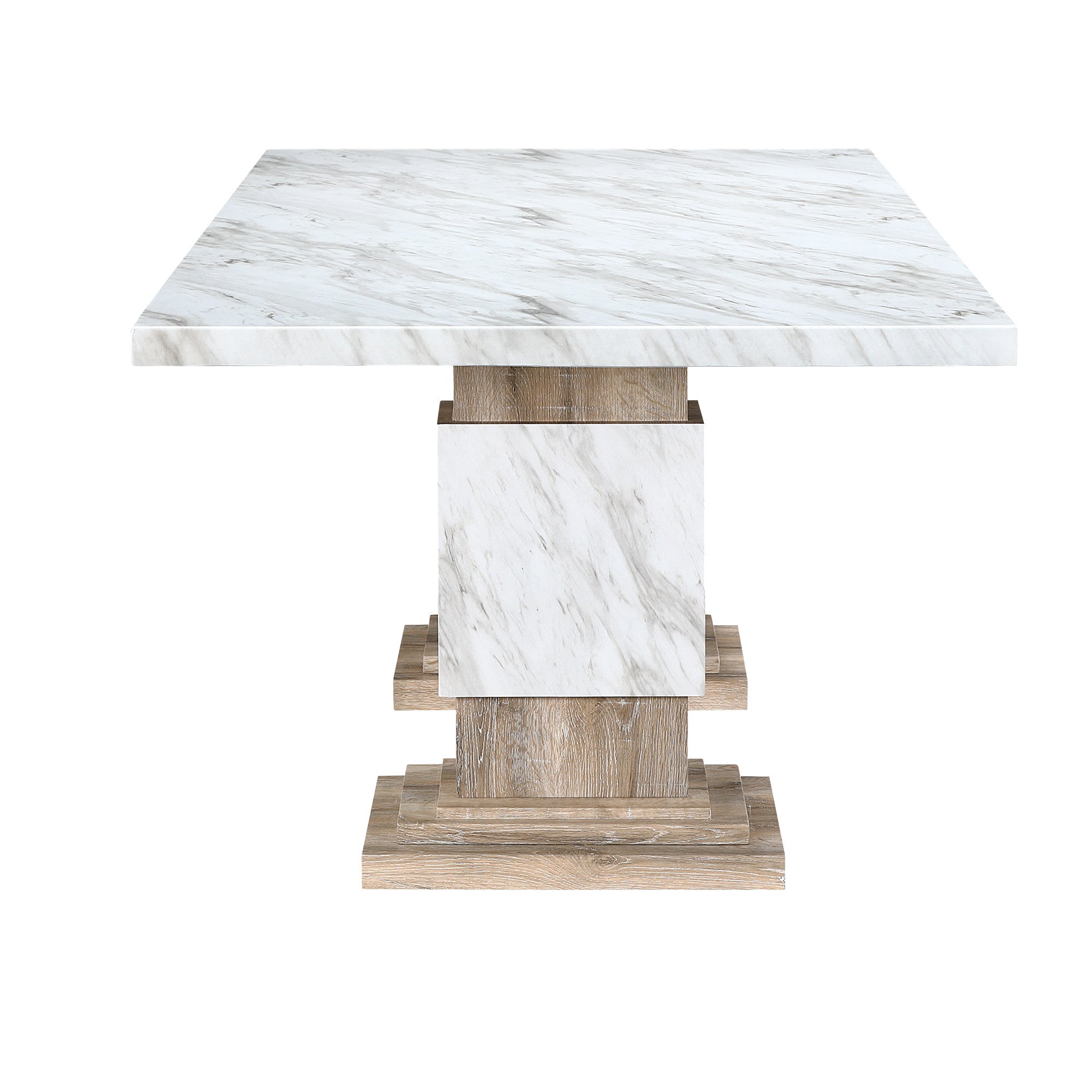 82" White and Natural Faux Marble and Wood Double Pedestal Base Dining Table