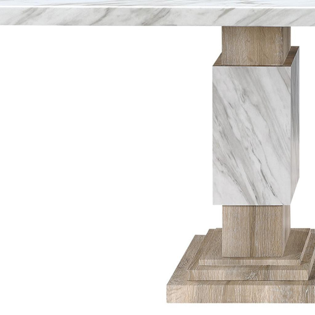 82" White and Natural Faux Marble and Wood Double Pedestal Base Dining Table
