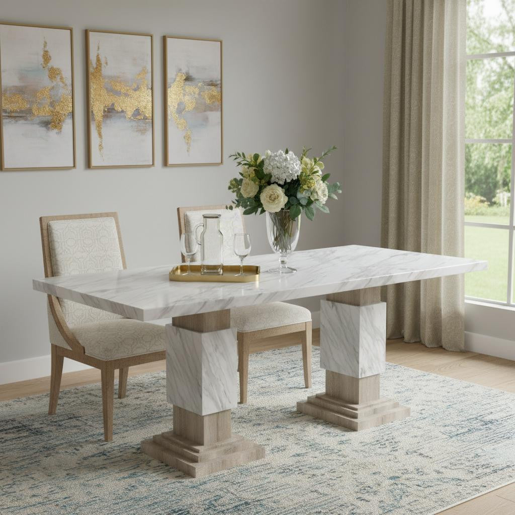 82" White and Natural Faux Marble and Wood Double Pedestal Base Dining Table