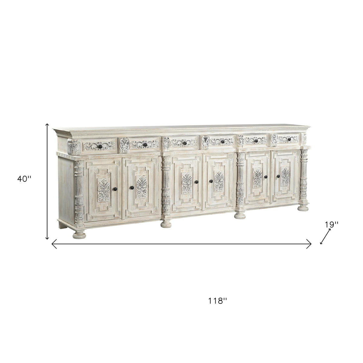 118" White Distressed Solid Wood Carved Floral Six Drawer Sideboard with Six Doors
