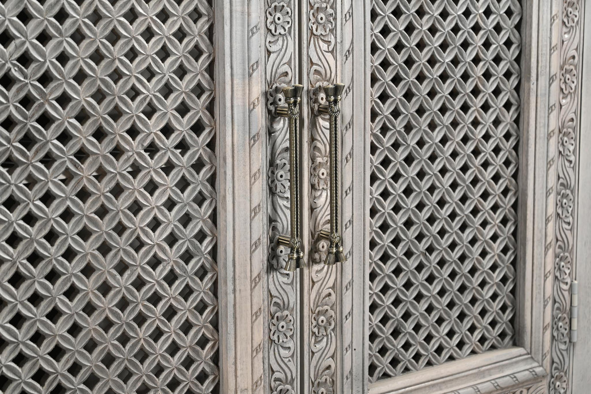 111" Gray Distressed Solid Wood Carved Floral Sideboard with Six Doors