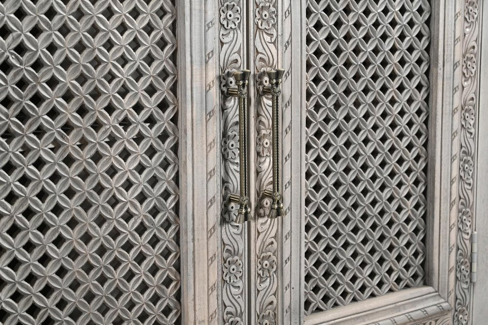 111" Gray Distressed Solid Wood Carved Floral Sideboard with Six Doors