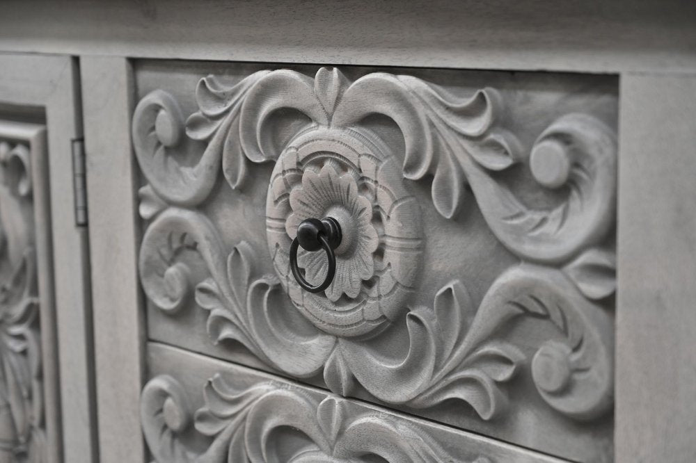 106" Gray Distressed Solid Wood Carved Floral Three Drawer Sideboard with Four Doors