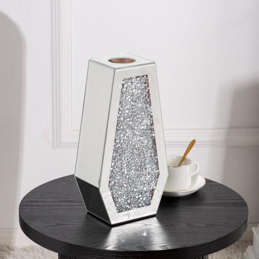 12" Silver Faux Crystal And Mirrored Glass Table Vase