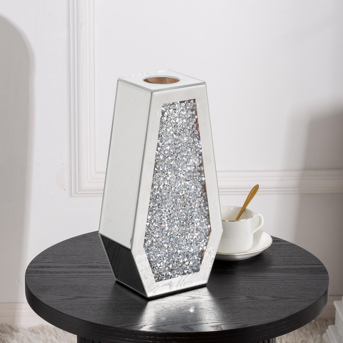 12" Silver Faux Crystal And Mirrored Glass Table Vase