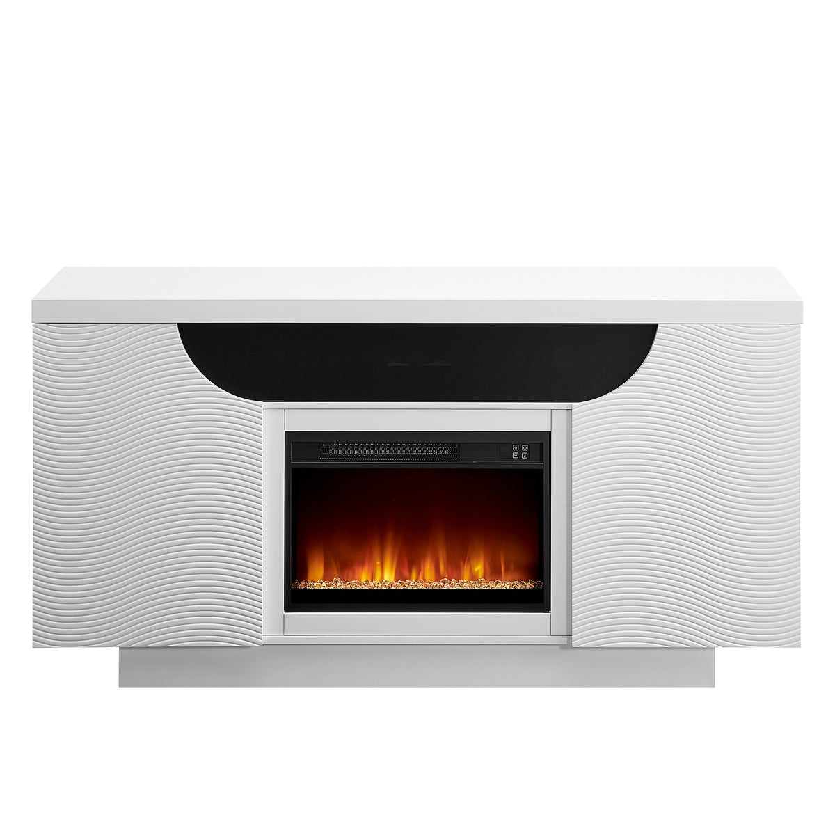 66" White Ribbed Wood Electric Storage Cabinet Fireplace With LED And Speaker