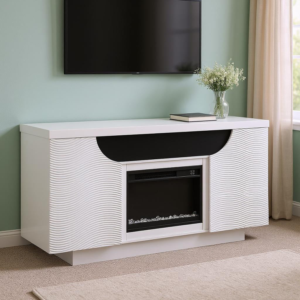 66" White Ribbed Wood Electric Storage Cabinet Fireplace With LED And Speaker