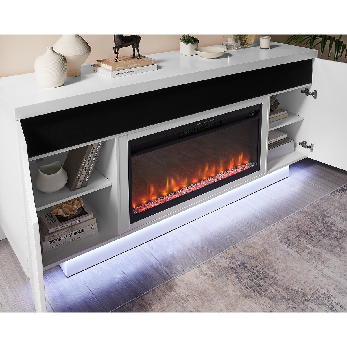 76" White Ribbed Wood Electric Storage Cabinet Fireplace With LED And Speaker