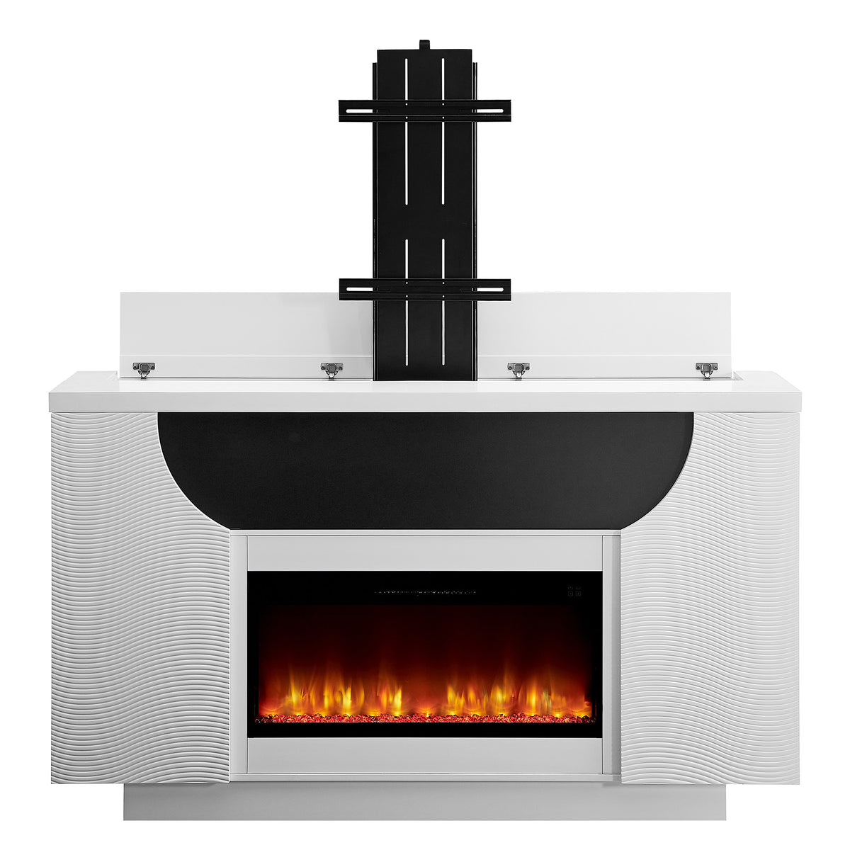 76" White Ribbed Wood Electric Storage Cabinet TV Fireplace With LED And Speaker