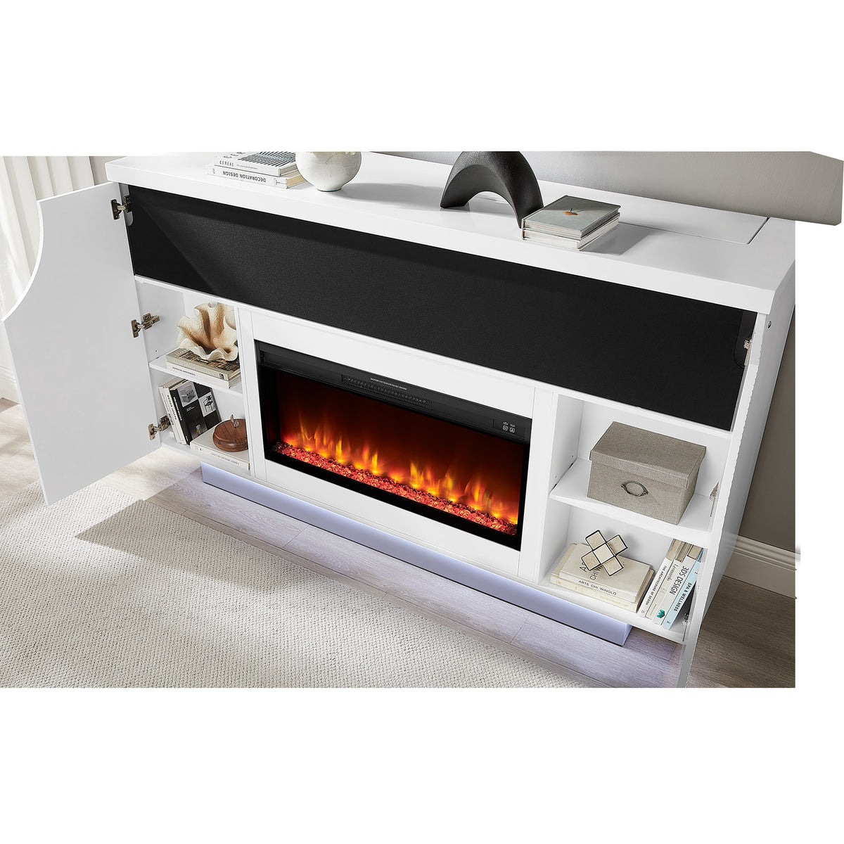 76" White Ribbed Wood Electric Storage Cabinet TV Fireplace With LED And Speaker