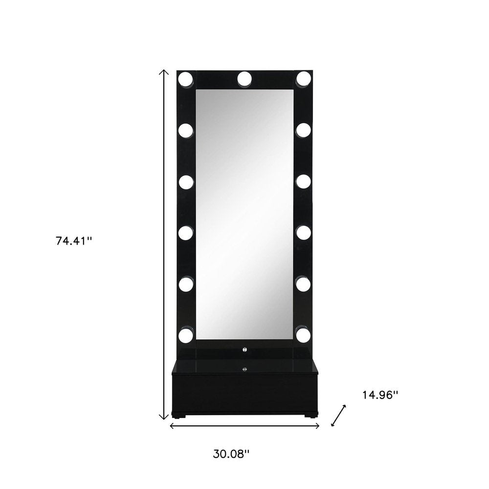 74" Black Wood Lighted Freestanding Framed Full Length Mirror