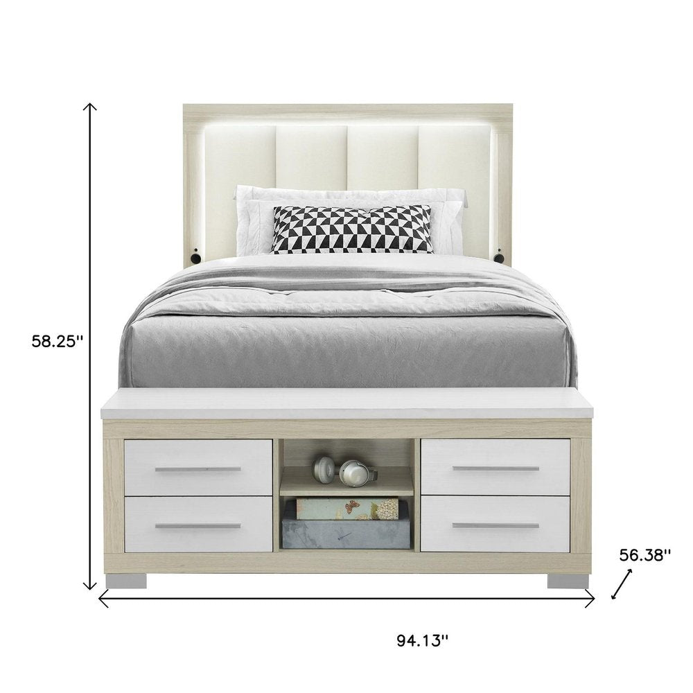 Natural White And Beige Wood And Upholstery Lighted Upholstered Full Bed Frame With USB And Drawers With Drawer, Shelf Storage