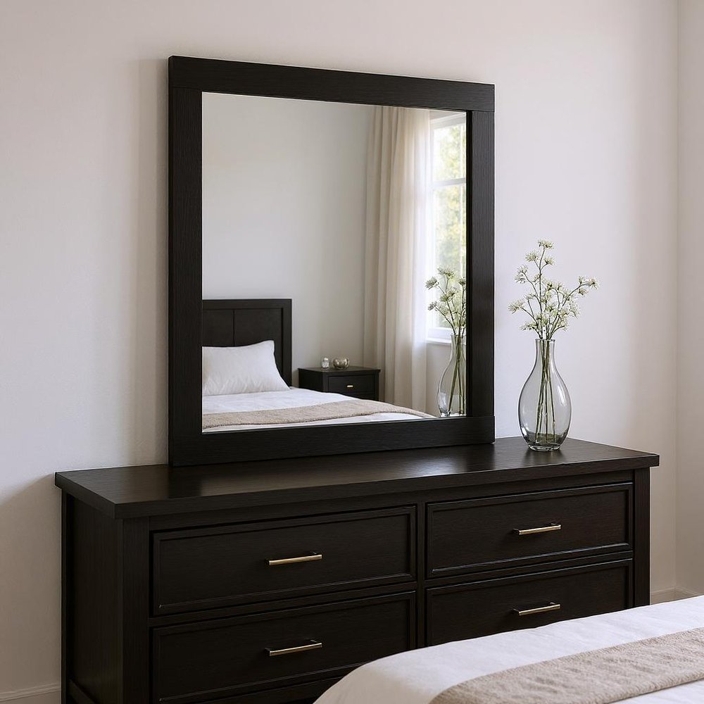 35" Black Wood Square Mounted Framed Dresser Mirror