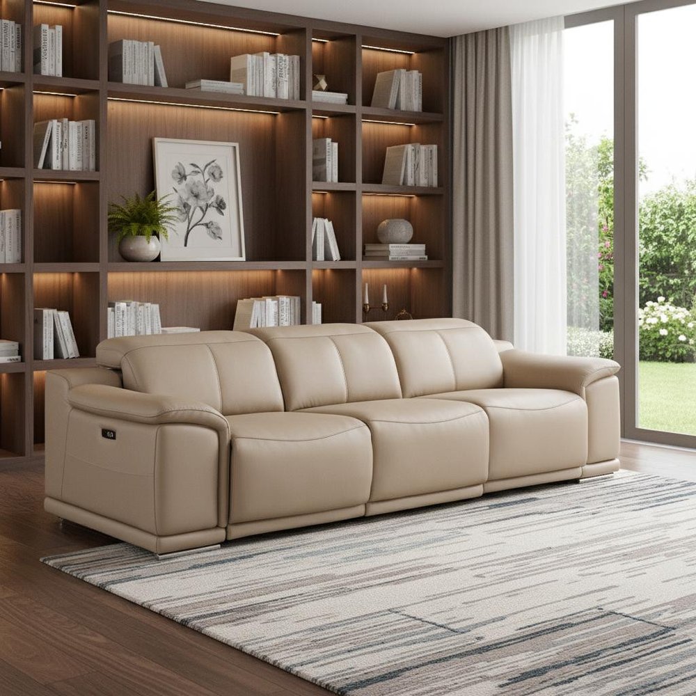 107" Beige Top Grain Leather Reclining USB Sofa
