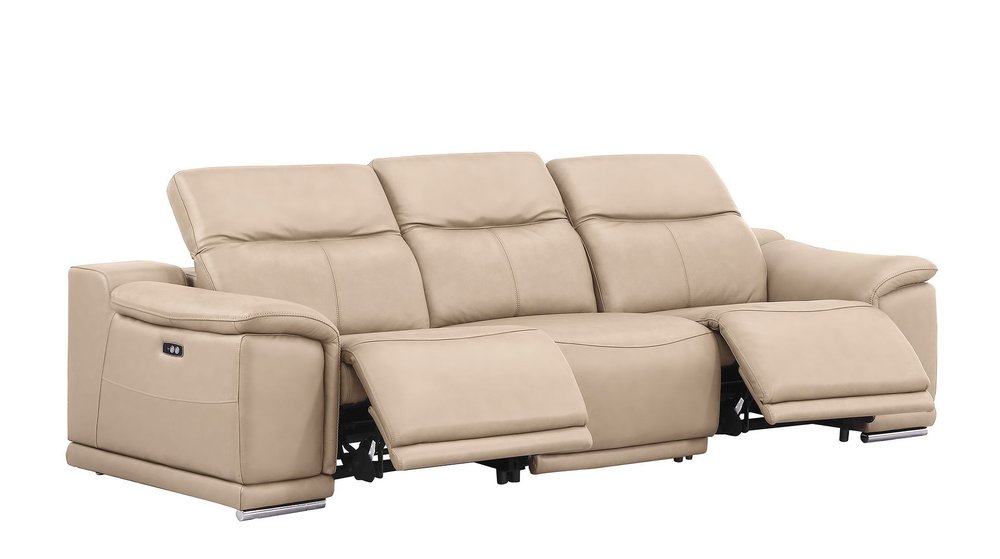 107" White Top Grain Leather Reclining USB Sofa