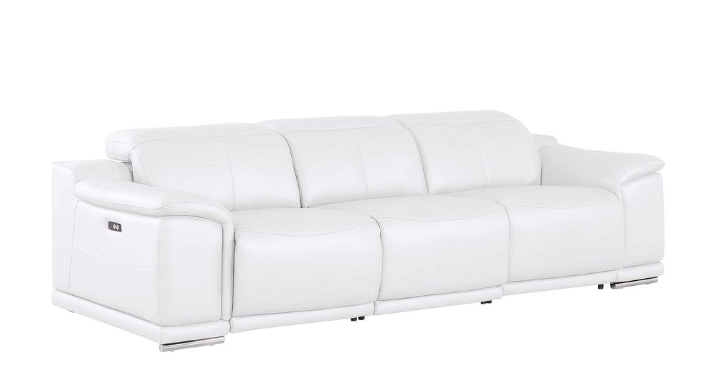 107" White Top Grain Leather Reclining USB Sofa