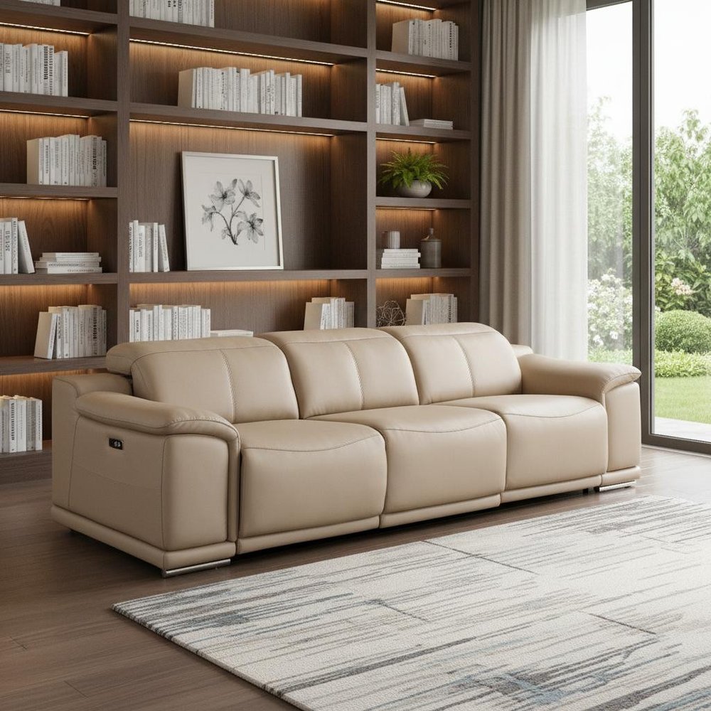 107" Beige Top Grain Leather Reclining USB Sofa
