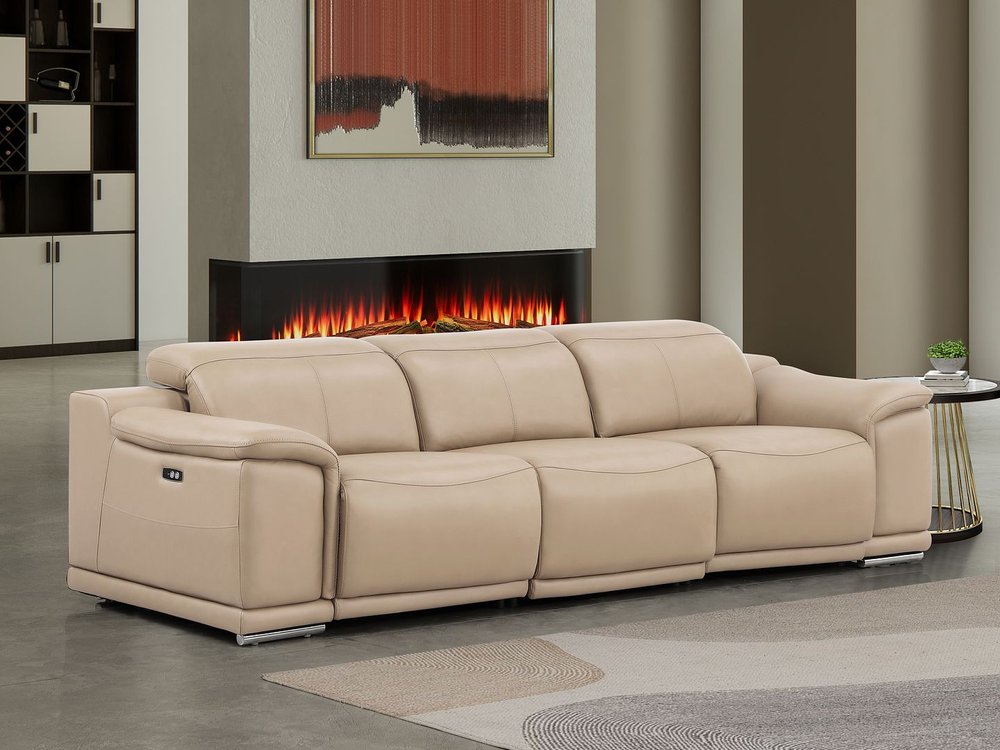 107" Beige Top Grain Leather Reclining USB Sofa