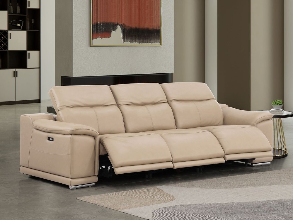 107" Beige Top Grain Leather Reclining USB Sofa