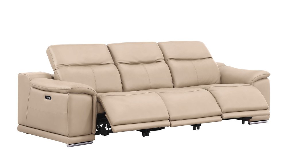 107" Beige Top Grain Leather Reclining USB Sofa